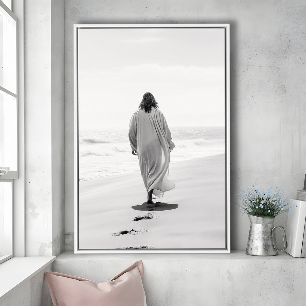 Jesus on Beach Art Print Modern Black and White Religious Gift!, Framed Canvas Print Wall Art, Floating Frame
