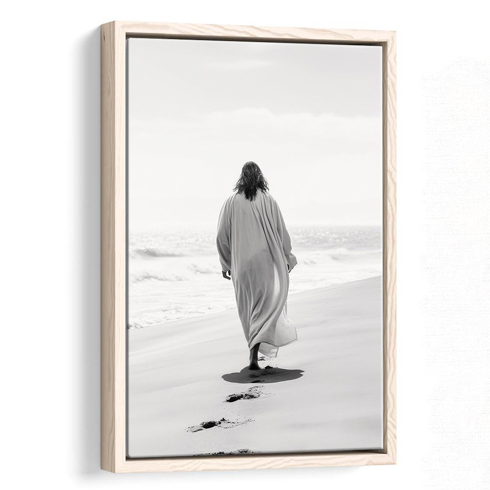 Jesus on Beach Art Print Modern Black and White Religious Gift!, Framed Canvas Print Wall Art, Floating Frame