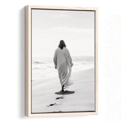 Jesus on Beach Art Print Modern Black and White Religious Gift!, Framed Canvas Print Wall Art, Floating Frame