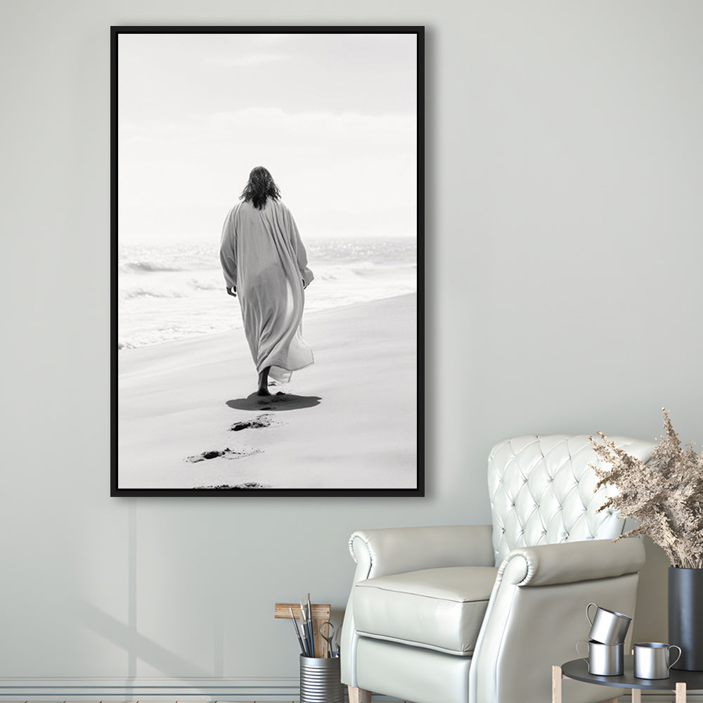 Jesus on Beach Art Print Modern Black and White Religious Gift!, Framed Canvas Print Wall Art, Floating Frame
