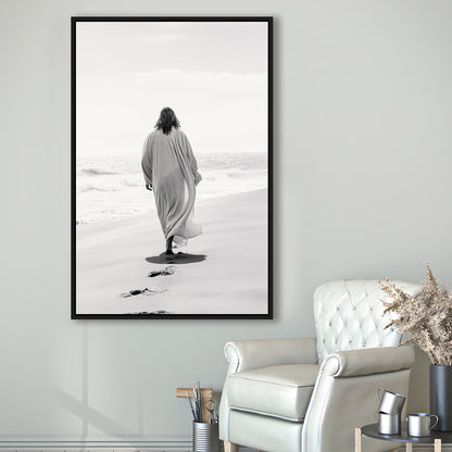 Jesus on Beach Art Print Modern Black and White Religious Gift!, Framed Canvas Print Wall Art, Floating Frame