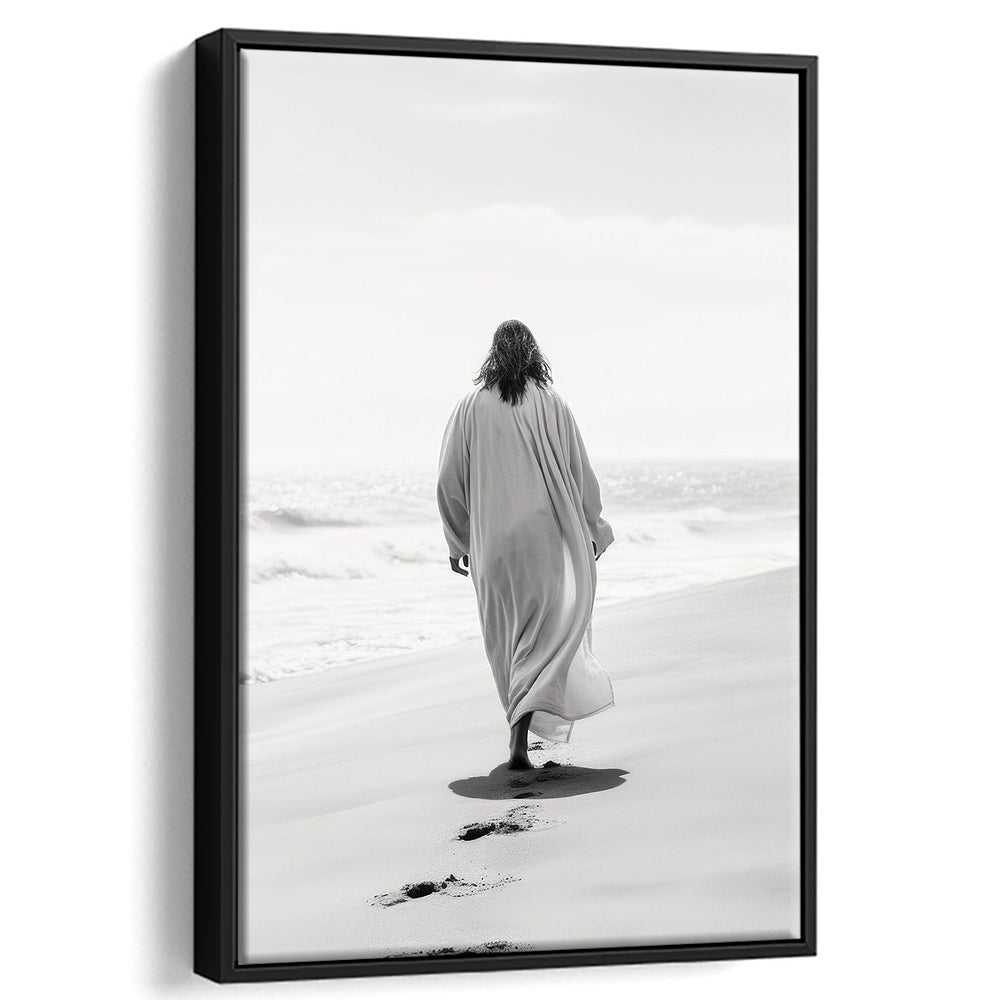 Jesus on Beach Art Print Modern Black and White Religious Gift!, Framed Canvas Print Wall Art, Floating Frame