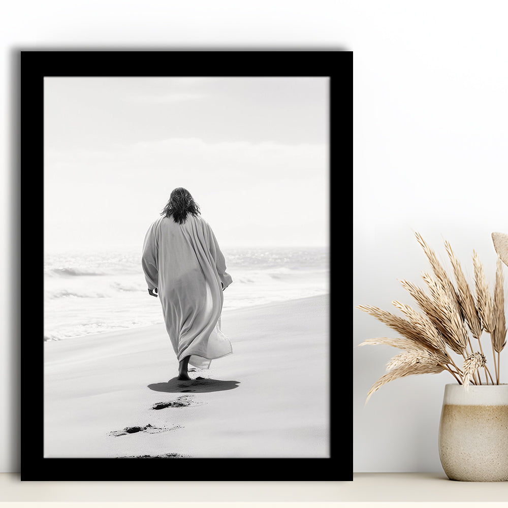 Jesus on Beach Art Print Modern Black and White Religious Gift!, Framed Art Print Wall Decor, Picture Framed