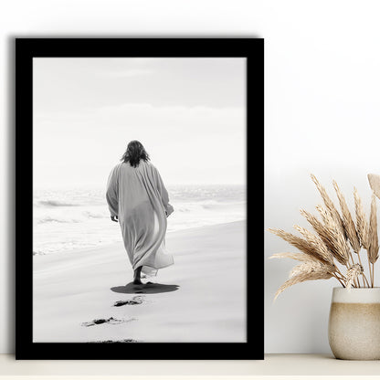 Jesus on Beach Art Print Modern Black and White Religious Gift!, Framed Art Print Wall Decor, Picture Framed