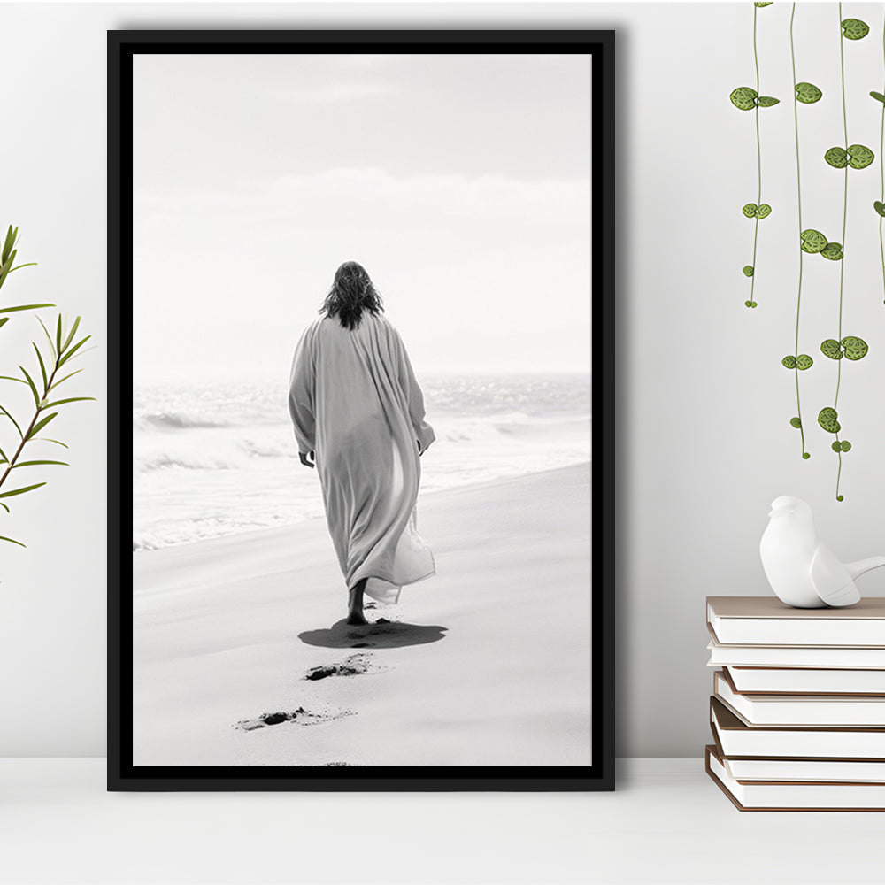 Jesus on Beach Art Print Modern Black and White Religious Gift!, Framed Canvas Print Wall Art, Floating Frame