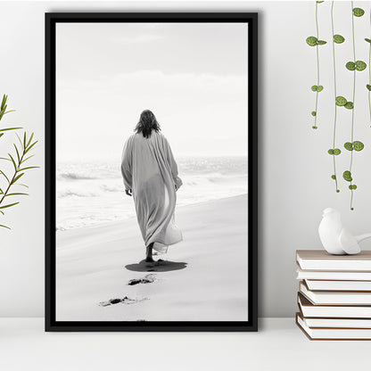 Jesus on Beach Art Print Modern Black and White Religious Gift!, Framed Canvas Print Wall Art, Floating Frame