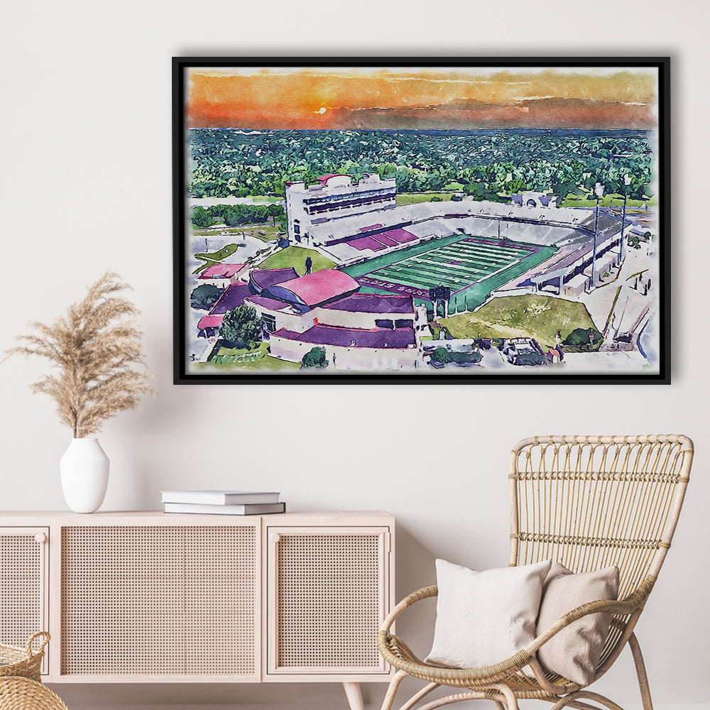 Jim Wacker Field at Bobcat Painting Stadium Watercolor, San Marcos Texas, Sport Gift Art, Framed Canvas Print Wall Art