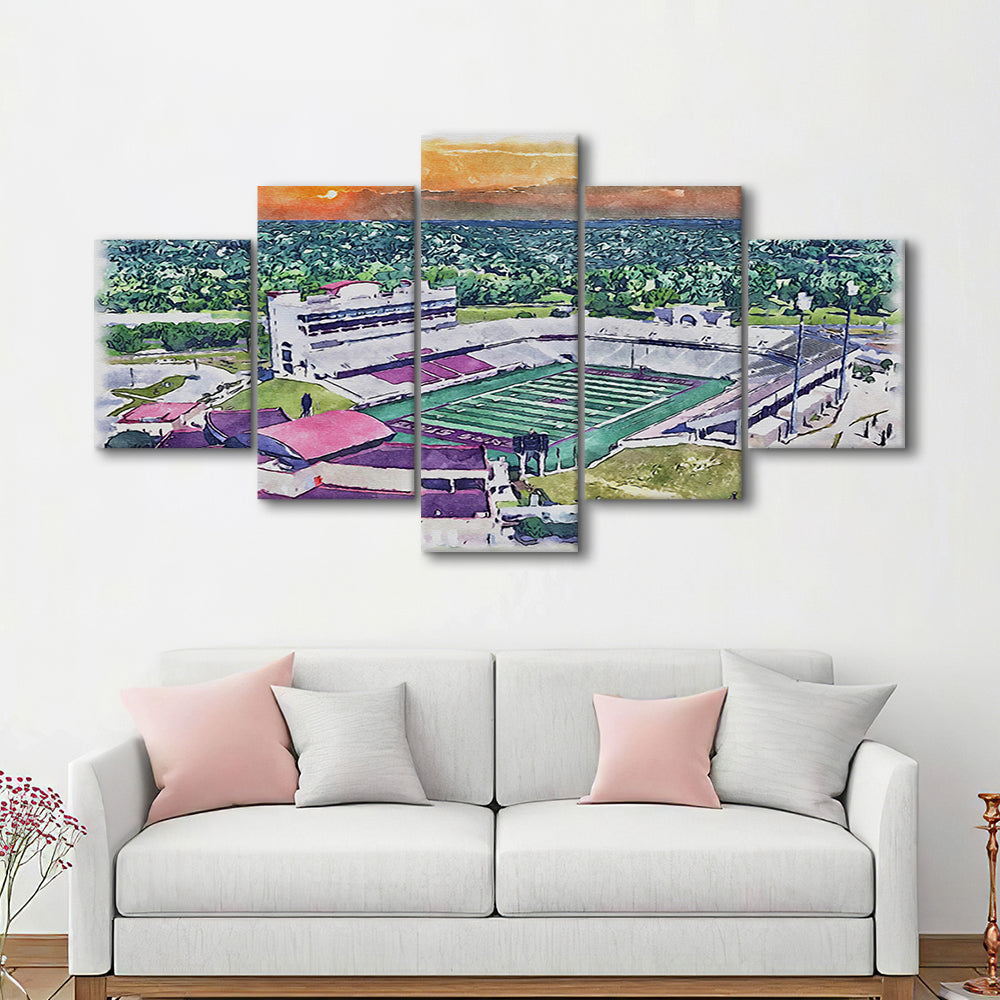 Jim Wacker Field at Bobcat Stadium Watercolor, San Marcos Texas, Sport Art, Mixed 5 Panel, Canvas Print Wall Art
