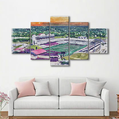 Jim Wacker Field at Bobcat Stadium Watercolor, San Marcos Texas, Sport Art, Mixed 5 Panel, Canvas Print Wall Art