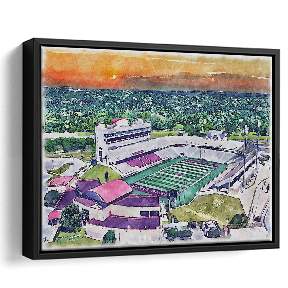 Jim Wacker Field at Bobcat Painting Stadium Watercolor, San Marcos Texas, Sport Gift Art, Framed Canvas Print Wall Art