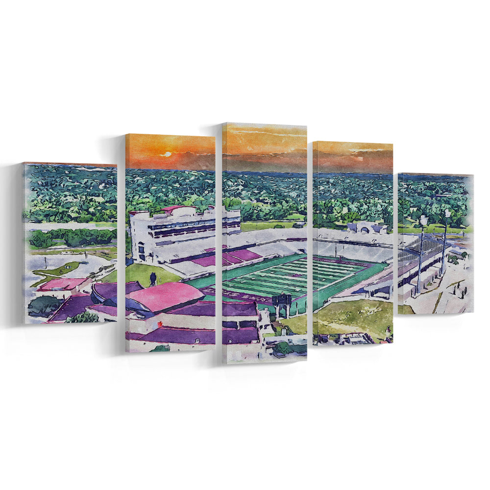 Jim Wacker Field at Bobcat Stadium Watercolor, San Marcos Texas, Sport Art, Mixed 5 Panel, Canvas Print Wall Art