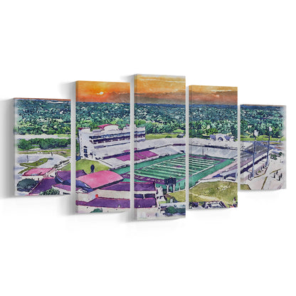 Jim Wacker Field at Bobcat Stadium Watercolor, San Marcos Texas, Sport Art, Mixed 5 Panel, Canvas Print Wall Art