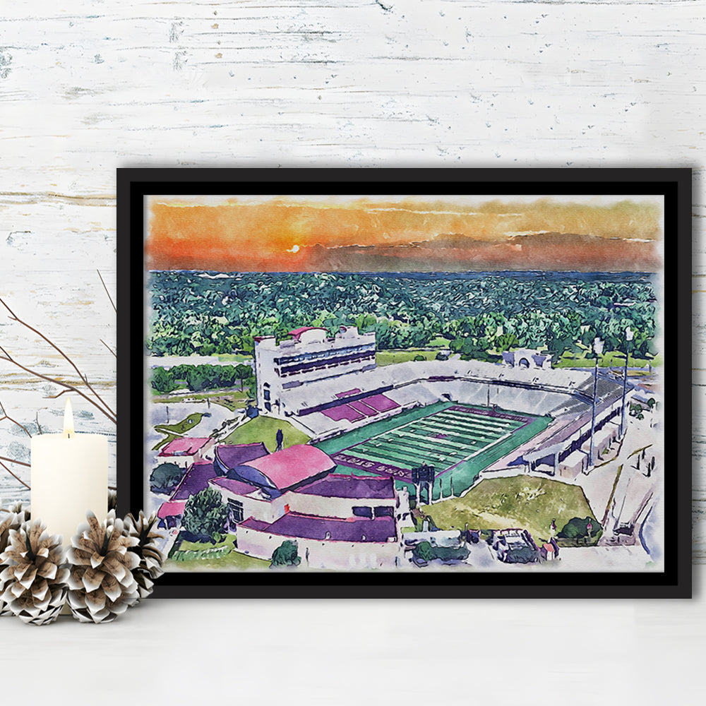 Jim Wacker Field at Bobcat Painting Stadium Watercolor, San Marcos Texas, Sport Gift Art, Framed Canvas Print Wall Art