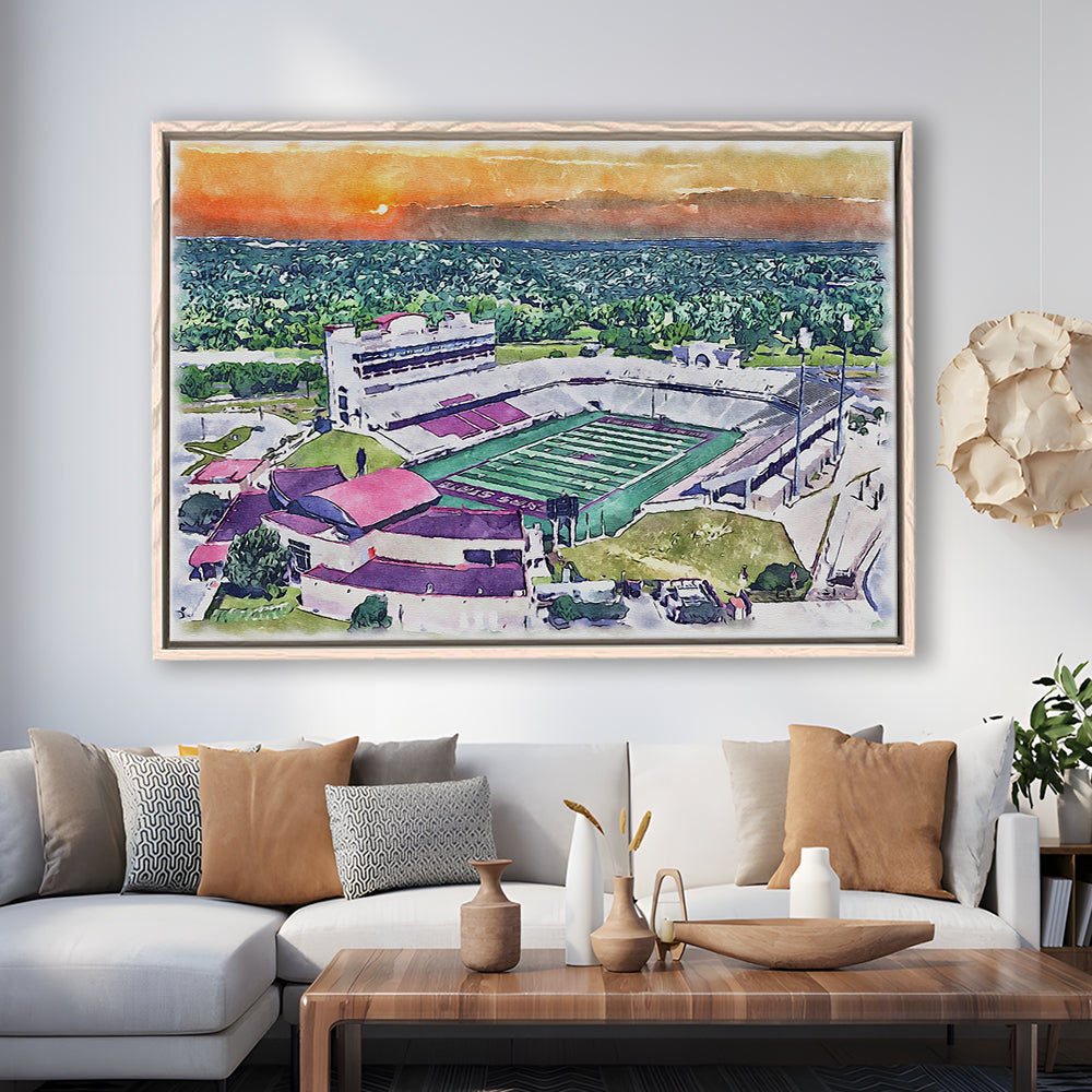 Jim Wacker Field at Bobcat Painting Stadium Watercolor, San Marcos Texas, Sport Gift Art, Framed Canvas Print Wall Art