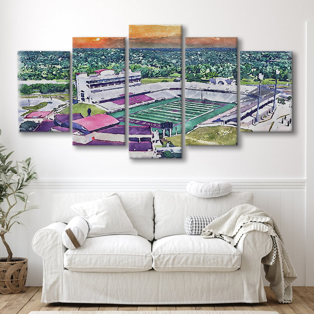 Jim Wacker Field at Bobcat Stadium Watercolor, San Marcos Texas, Sport Art, Mixed 5 Panel, Canvas Print Wall Art