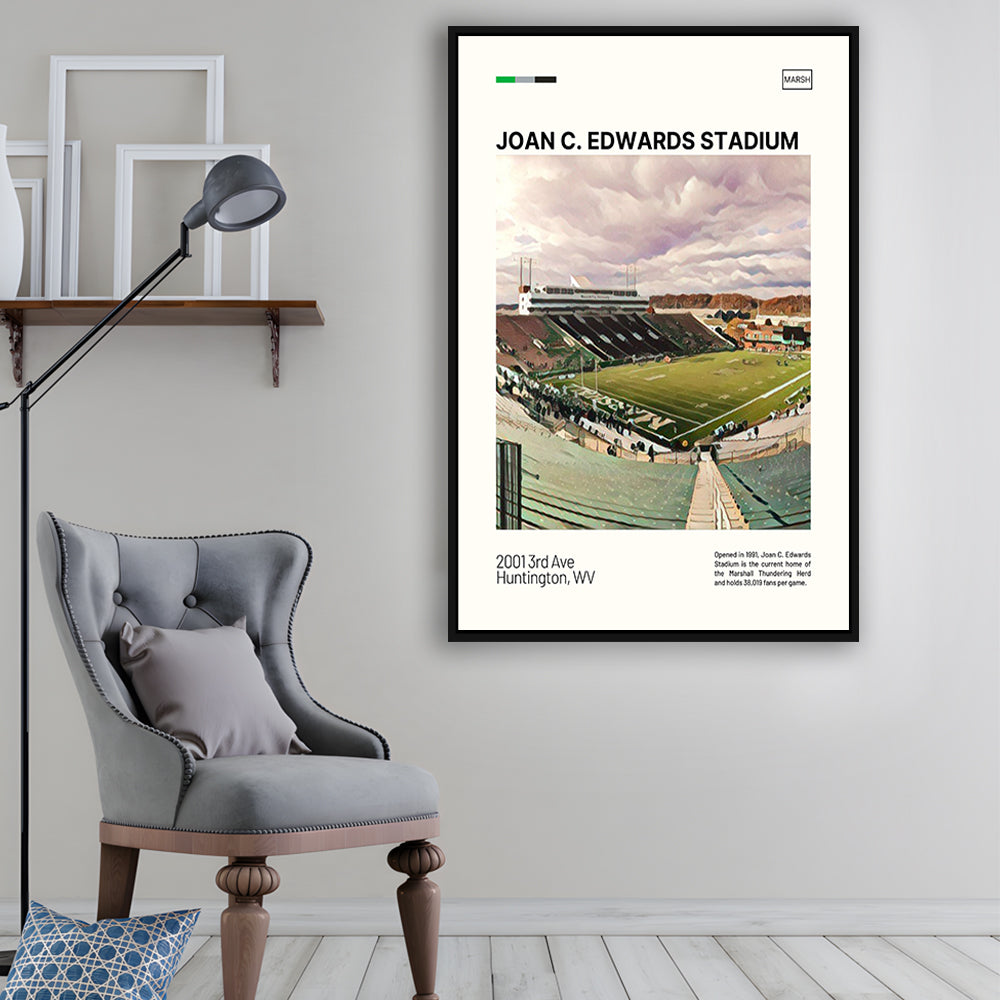 Joan C. Edwards Stadium Print, Marshall Thundering Herd Stadium Art, Man Cave Gift, Floating Framed Canvas Print Wall Art