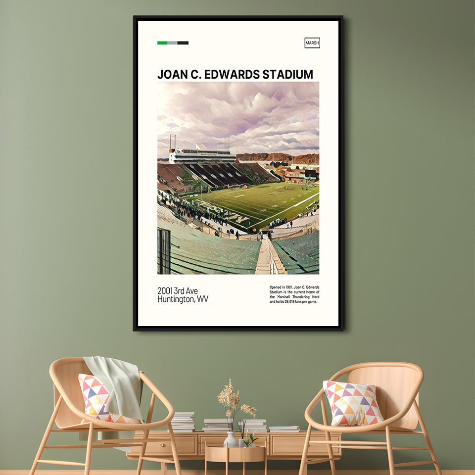 Joan C. Edwards Stadium Print, Marshall Thundering Herd Stadium Art, Man Cave Gift, Floating Framed Canvas Print Wall Art