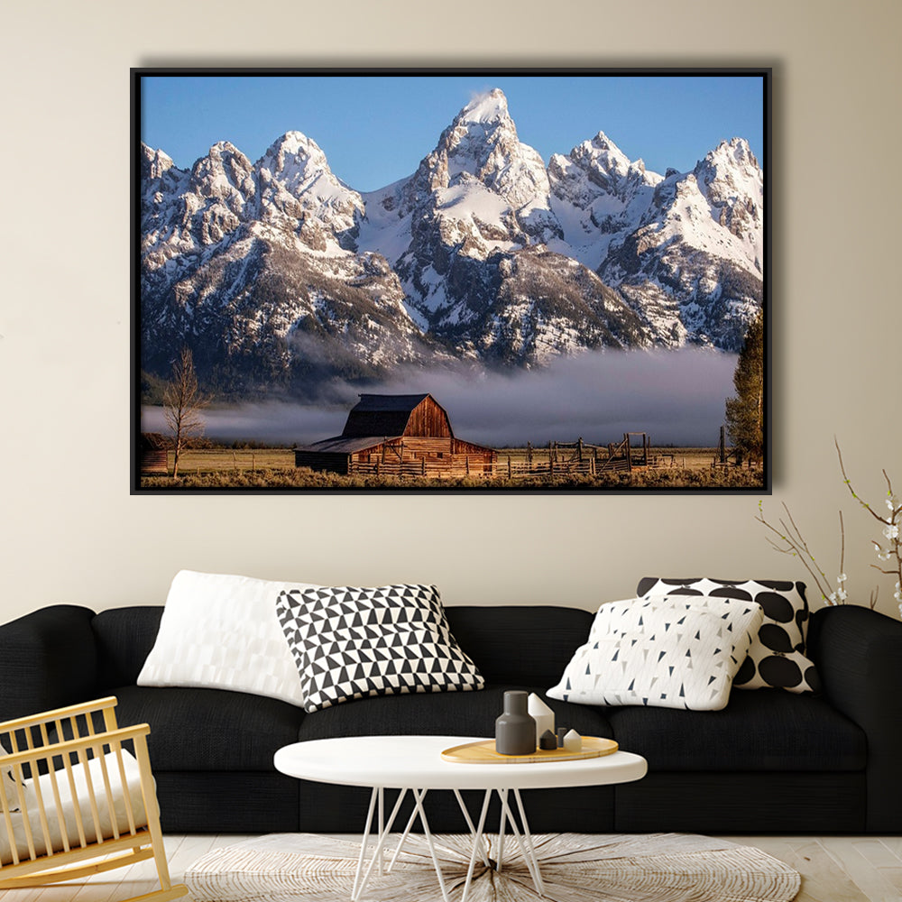John Moulton Barn With High Peaks Of Teton Range Grand Teton National Park, Framed Cavas Print, Floating Frame