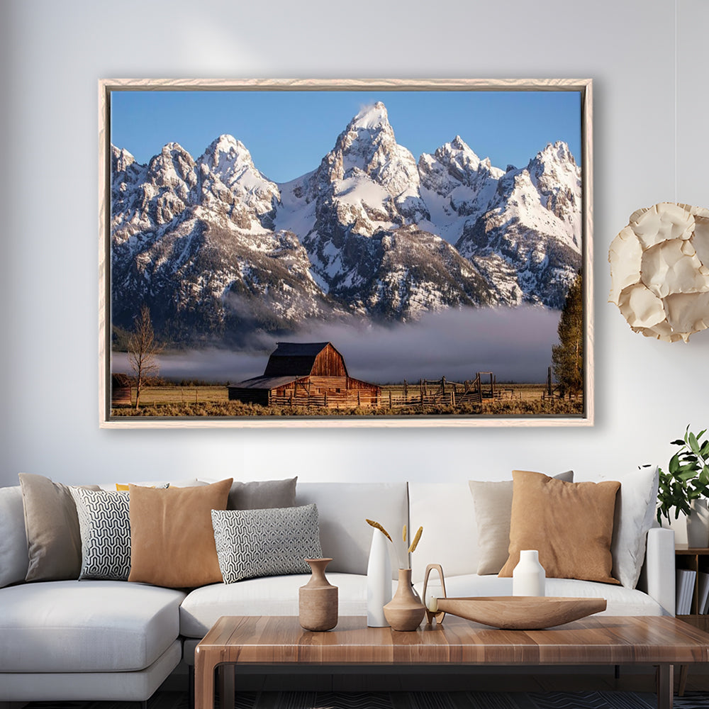 John Moulton Barn With High Peaks Of Teton Range Grand Teton National Park, Framed Cavas Print, Floating Frame