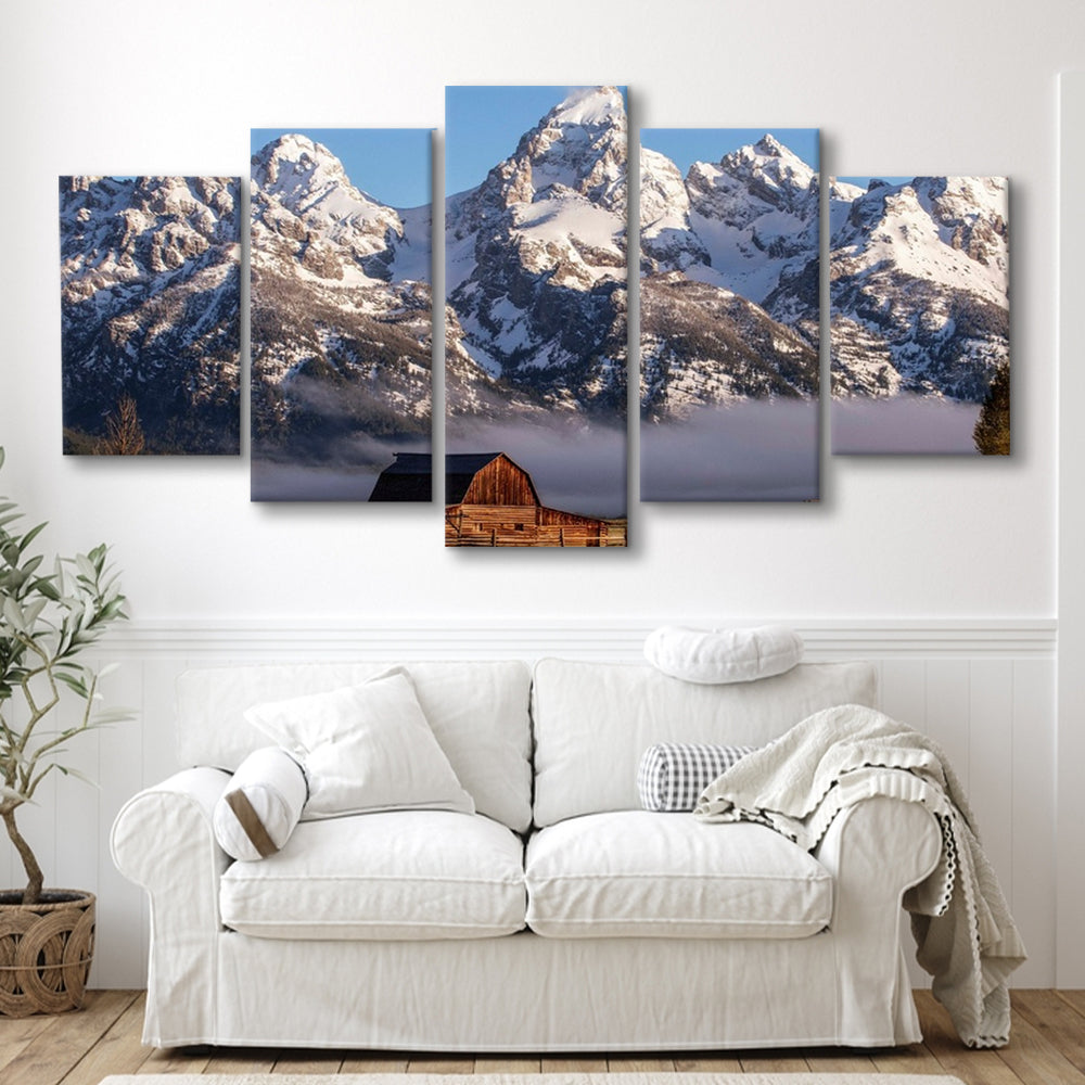 John Moulton Barn With High Peaks Of Teton Range Grand Teton National Park, 5 Piece Large Cavas Print Wall Art