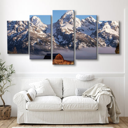 John Moulton Barn With High Peaks Of Teton Range Grand Teton National Park, 5 Piece Large Cavas Print Wall Art