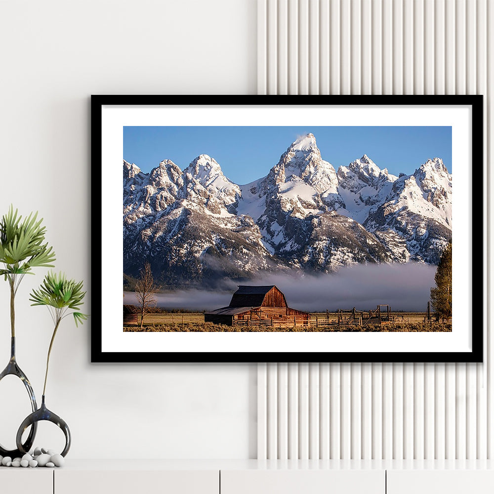 John Moulton Barn With High Peaks Of Teton Range Grand Teton National Park, Framed Art Print White Border