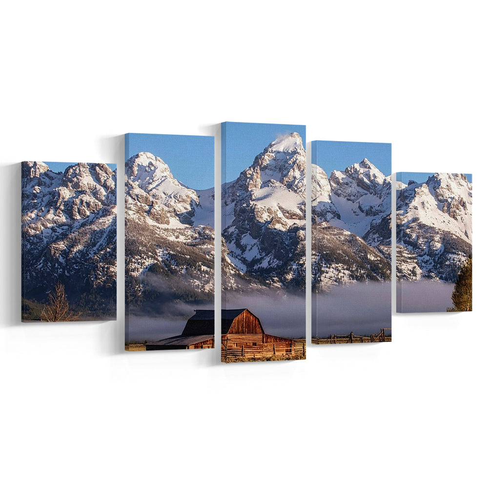 John Moulton Barn With High Peaks Of Teton Range Grand Teton National Park, 5 Piece Large Cavas Print Wall Art