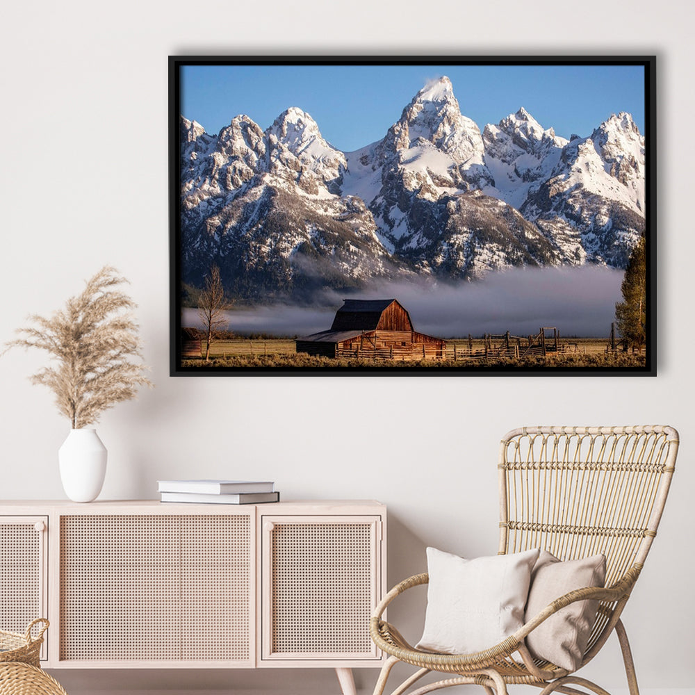 John Moulton Barn With High Peaks Of Teton Range Grand Teton National Park, Framed Cavas Print, Floating Frame