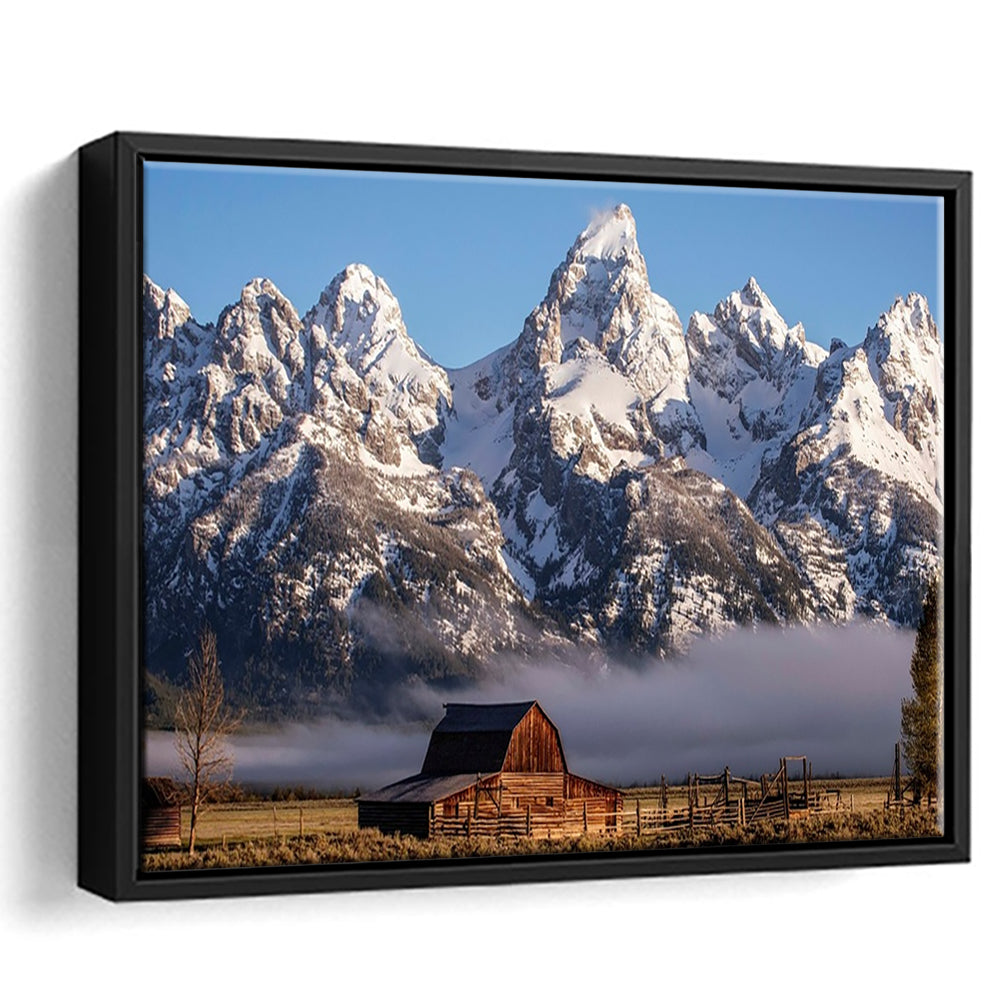 John Moulton Barn With High Peaks Of Teton Range Grand Teton National Park, Framed Cavas Print, Floating Frame