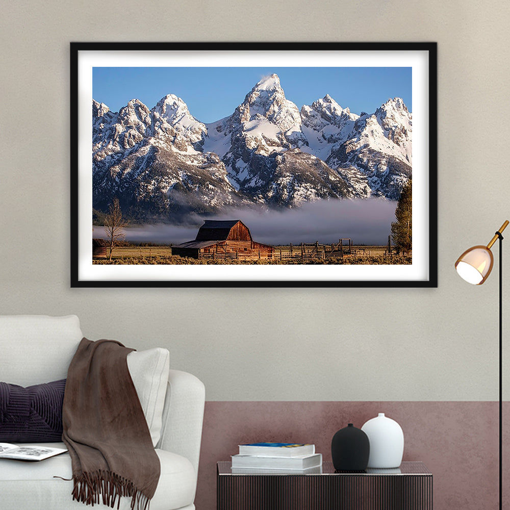 John Moulton Barn With High Peaks Of Teton Range Grand Teton National Park, Framed Art Print White Border