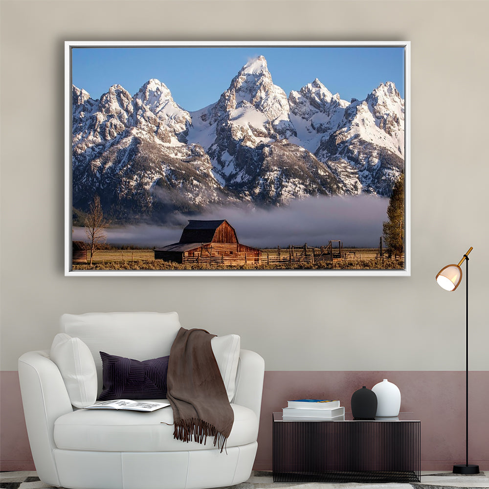 John Moulton Barn With High Peaks Of Teton Range Grand Teton National Park, Framed Cavas Print, Floating Frame