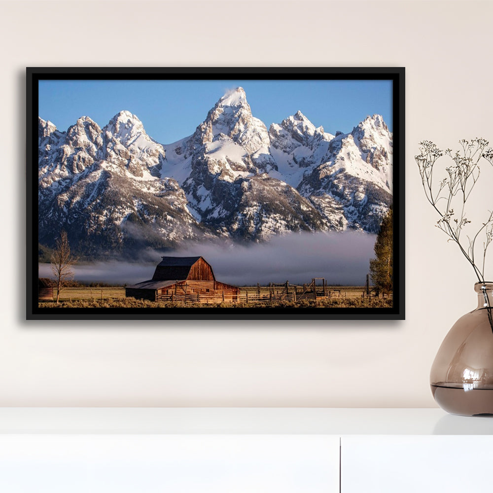 John Moulton Barn With High Peaks Of Teton Range Grand Teton National Park, Framed Cavas Print, Floating Frame
