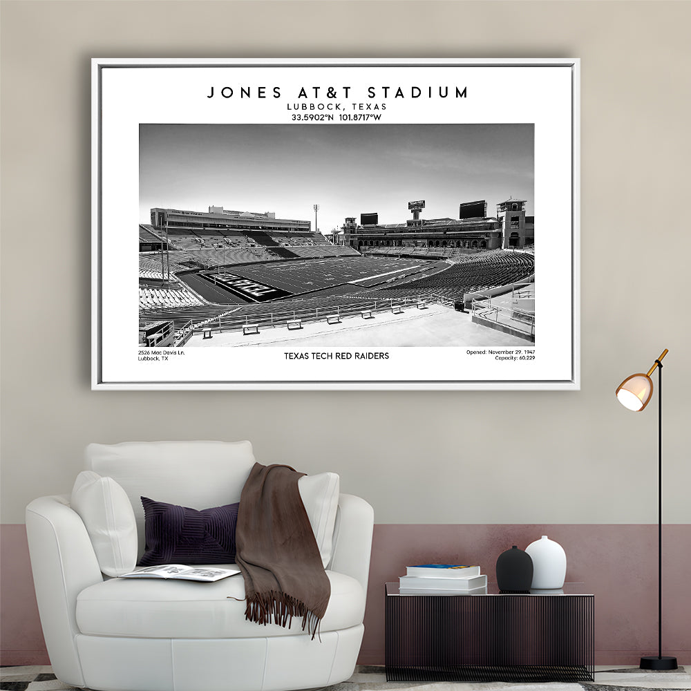 Jones At&T Stadium Black And White, Texas Tech Red Football Stadium Wall Art Print, Framed Canvas Print Wall Art