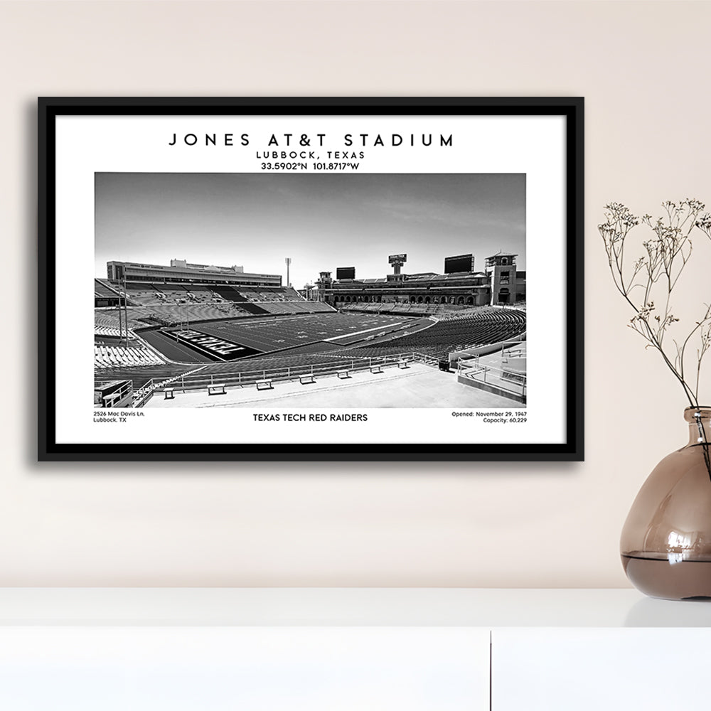 Jones At&T Stadium Black And White, Texas Tech Red Football Stadium Wall Art Print, Framed Canvas Print Wall Art