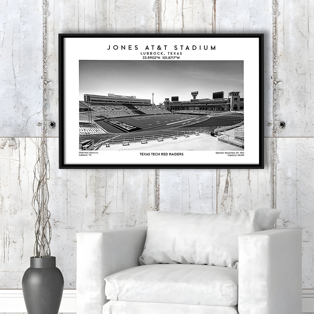 Jones At&T Stadium Black And White, Texas Tech Red Football Stadium Wall Art Print, Framed Canvas Print Wall Art