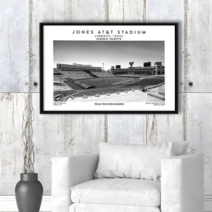 Jones At&T Stadium Black And White, Texas Tech Red Football Stadium Wall Art Print, Framed Canvas Print Wall Art