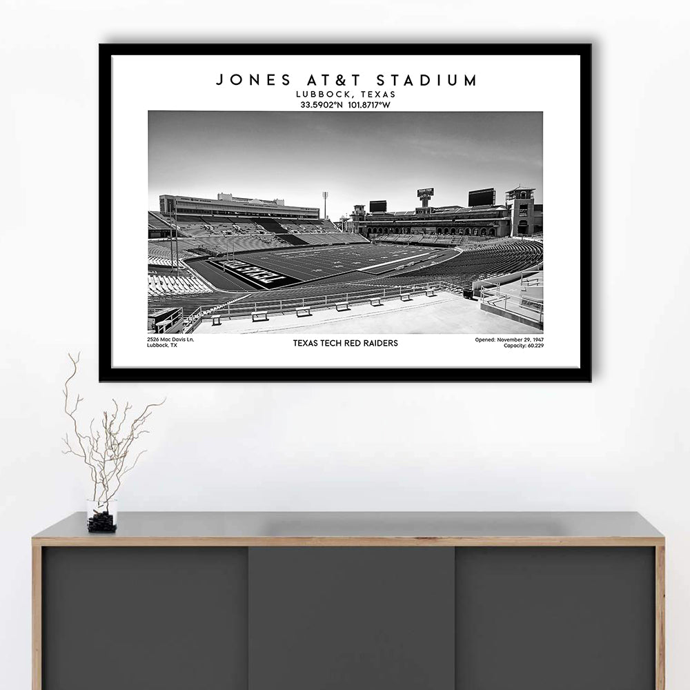 Jones At&T Stadium Black And White, Texas Tech Red Football Stadium Wall Art Print, Framed Art Print Wall Decor