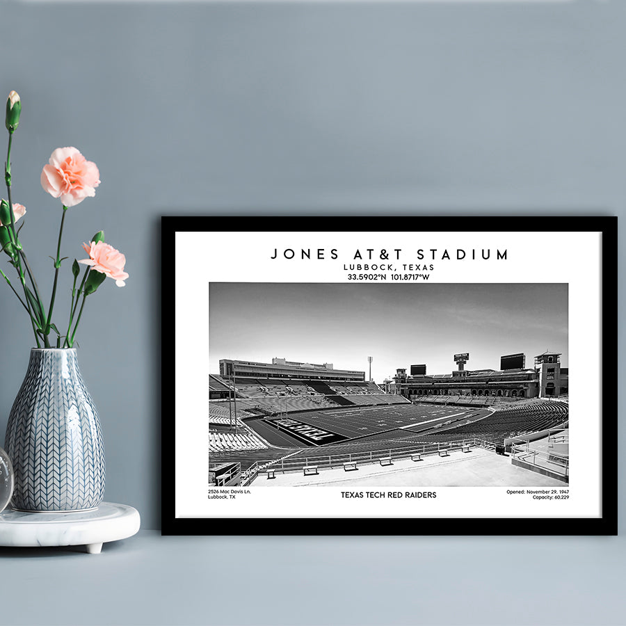Jones At&T Stadium Black And White, Texas Tech Red Football Stadium Wall Art Print, Framed Art Print Wall Decor