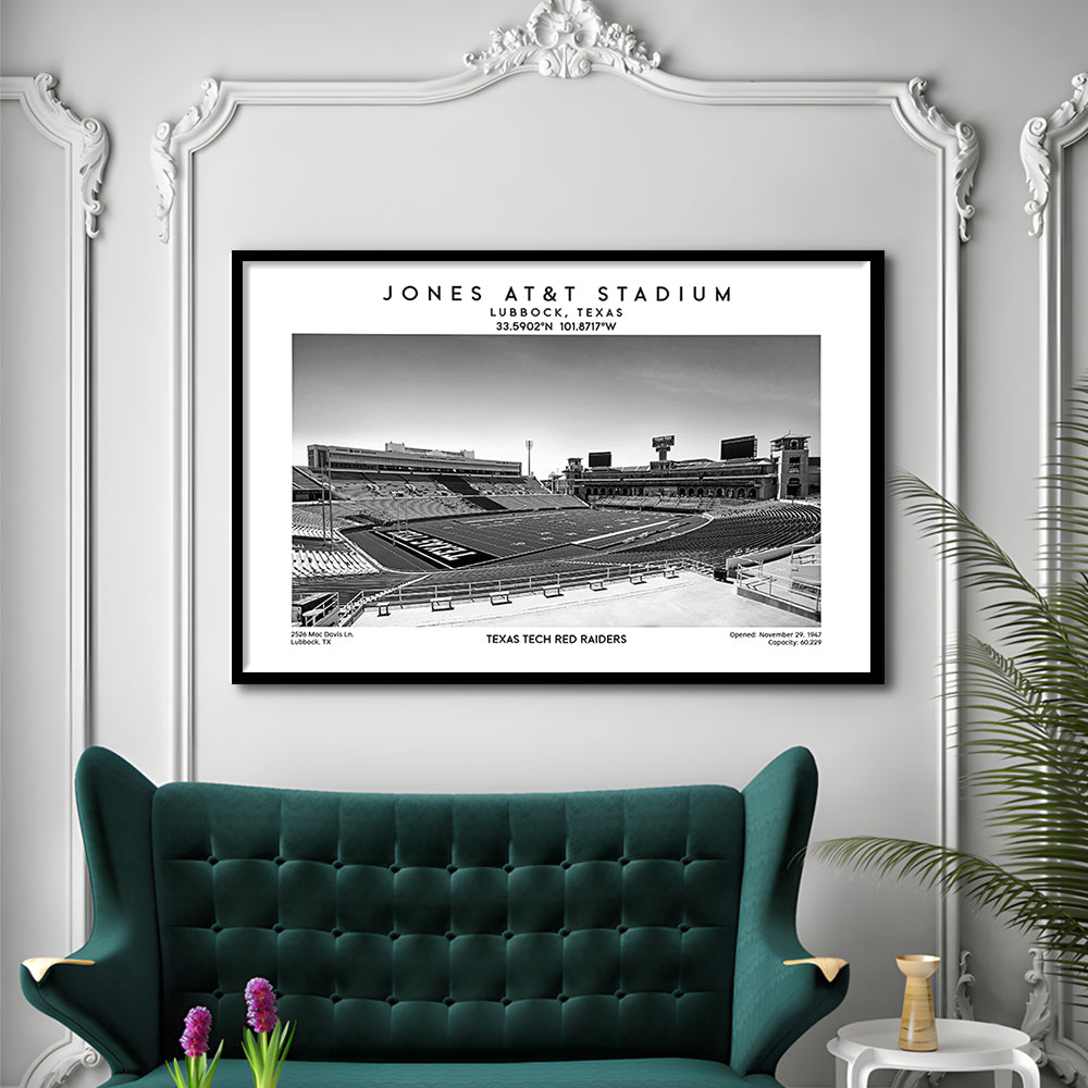 Jones At&T Stadium Black And White, Texas Tech Red Football Stadium Wall Art Print, Framed Art Print Wall Decor