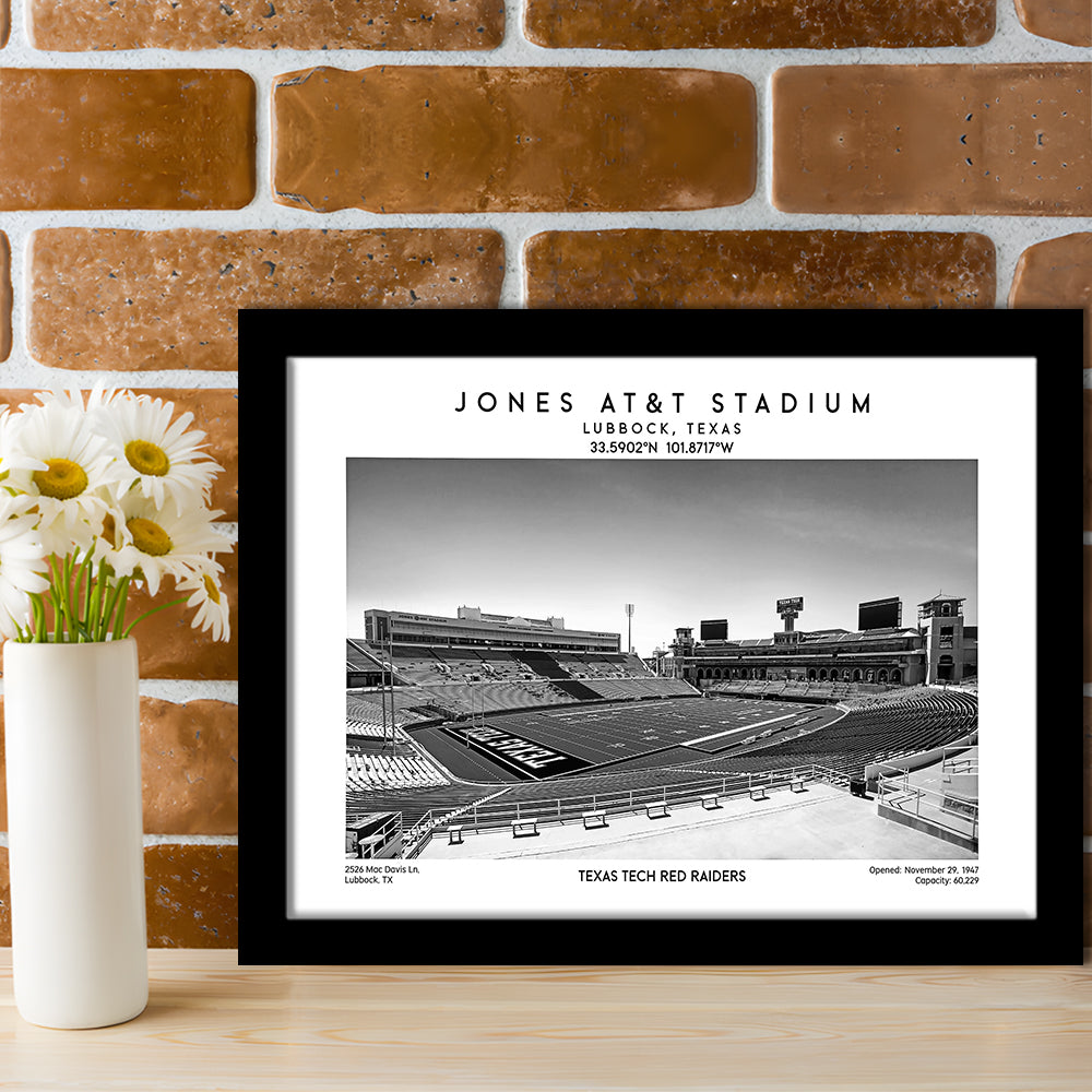 Jones At&T Stadium Black And White, Texas Tech Red Football Stadium Wall Art Print, Framed Art Print Wall Decor