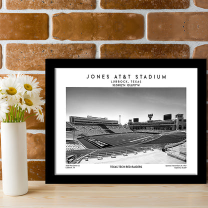 Jones At&T Stadium Black And White, Texas Tech Red Football Stadium Wall Art Print, Framed Art Print Wall Decor