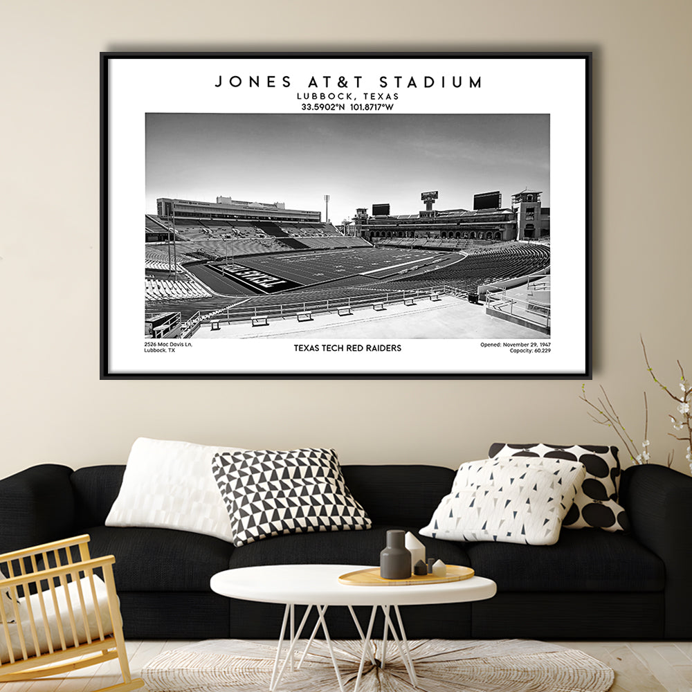 Jones At&T Stadium Black And White, Texas Tech Red Football Stadium Wall Art Print, Framed Canvas Print Wall Art