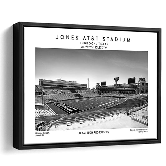Jones At&T Stadium Black And White, Texas Tech Red Football Stadium Wall Art Print, Framed Canvas Print Wall Art