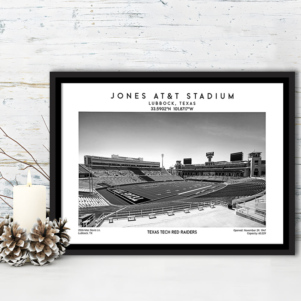 Jones At&T Stadium Black And White, Texas Tech Red Football Stadium Wall Art Print, Framed Canvas Print Wall Art