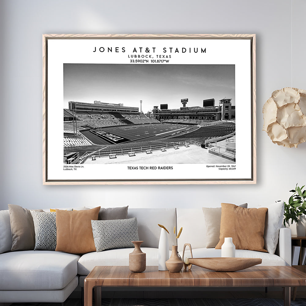 Jones At&T Stadium Black And White, Texas Tech Red Football Stadium Wall Art Print, Framed Canvas Print Wall Art