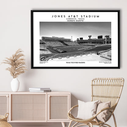 Jones At&T Stadium Black And White, Texas Tech Red Football Stadium Wall Art Print, Framed Canvas Print Wall Art