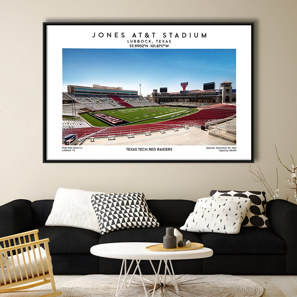 Jones At&T Stadium, Texas Tech Red Raiders Football Stadium Wall Art Print, Framed Canvas Print Wall Art