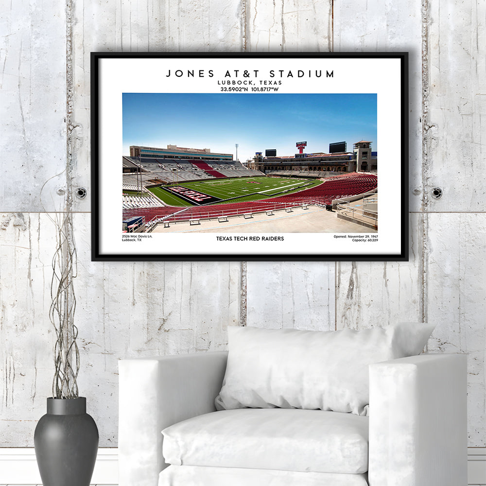 Jones At&T Stadium, Texas Tech Red Raiders Football Stadium Wall Art Print, Framed Canvas Print Wall Art