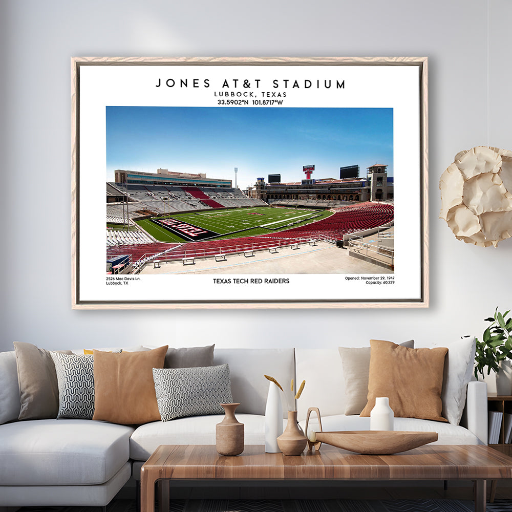 Jones At&T Stadium, Texas Tech Red Raiders Football Stadium Wall Art Print, Framed Canvas Print Wall Art