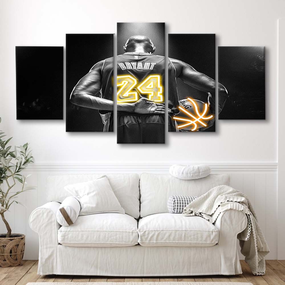 Kb 24 Lakers Los Angeles Art Print, 5 Panel Mixed Canvas Print Wall Art, Home Decor, Neon Canvas